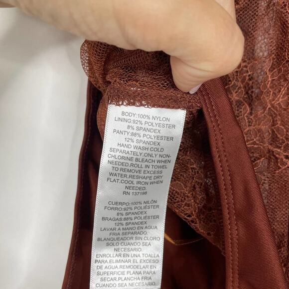 2/$30 NWT Danielle Bernstein Lace Illusion Thong Bodysuit 00 Warm Brown Mesh - Picture 10 of 14